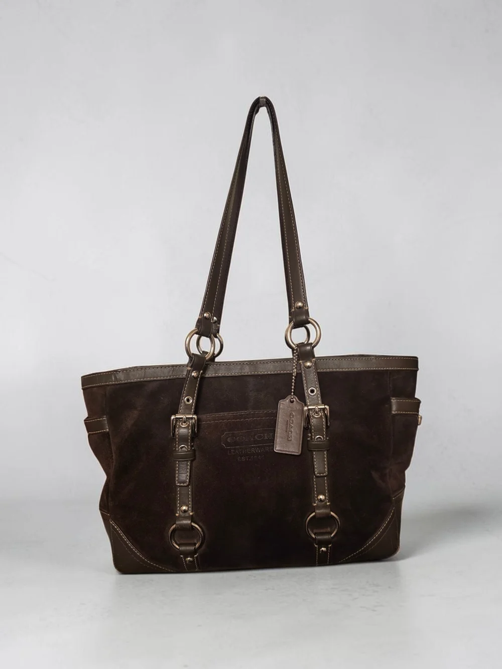 Coach Classic Dark Brown Suede Tote Bag with Metal Ring Accents